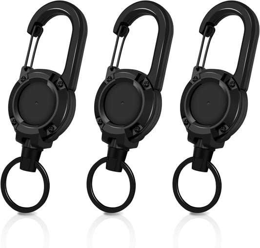 3 Pack Retractable Keychain with Carabiner - Black - 60cm Extendable Key Ring for Work Outdoor Travel.