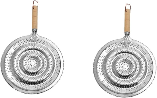 2 Pack Heat Resistant Pan Trivets Stainless Steel Table Mats with Wooden Handles and Hanging Ropes.