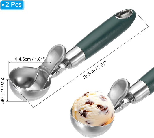 2 Pack Green Ergonomic 304 Stainless Steel Ice Cream Scoop with Trigger.