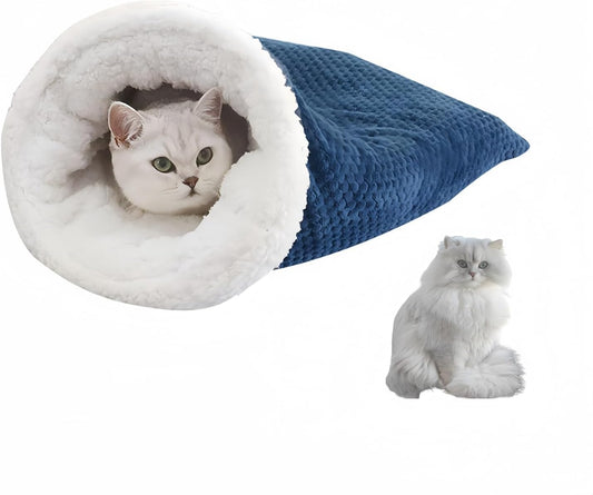 Cat Sleeping Bag Nest - Half-Closed Design - Plush & Fleece - Warm - Navy Blue - 1 Piece.