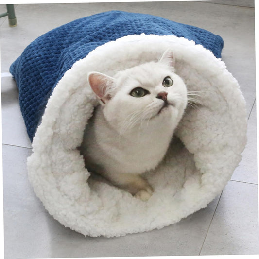 Cat Sleeping Bag Nest - Half-Closed Design - Plush & Fleece - Warm - Navy Blue - 1 Piece.