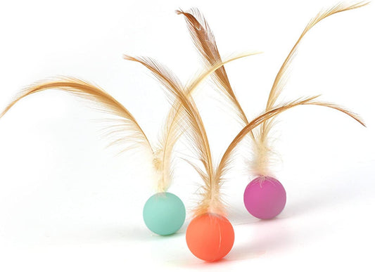 Cat Toy Bouncy Ball with Feathers Interactive Play Ball for Kittens & Adult Cats Pack of 3.