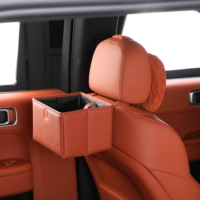 Foldable Car Trash Bin & Organizer Leakproof Waterproof PU Leather Orange. Hover Image