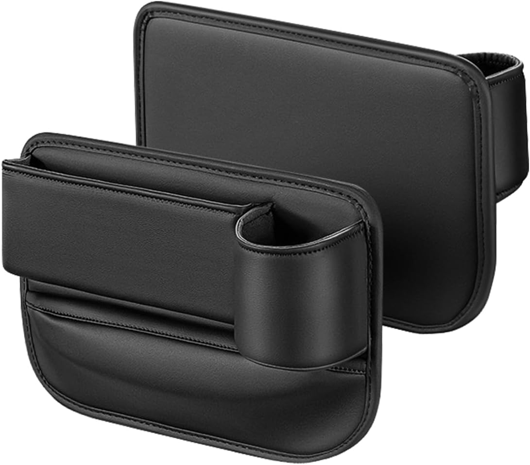 Car Seat Organizer with Cup Holder - Storage Compartment Between Seats - Seat Filler - PU Leather - Black - Set of 1.