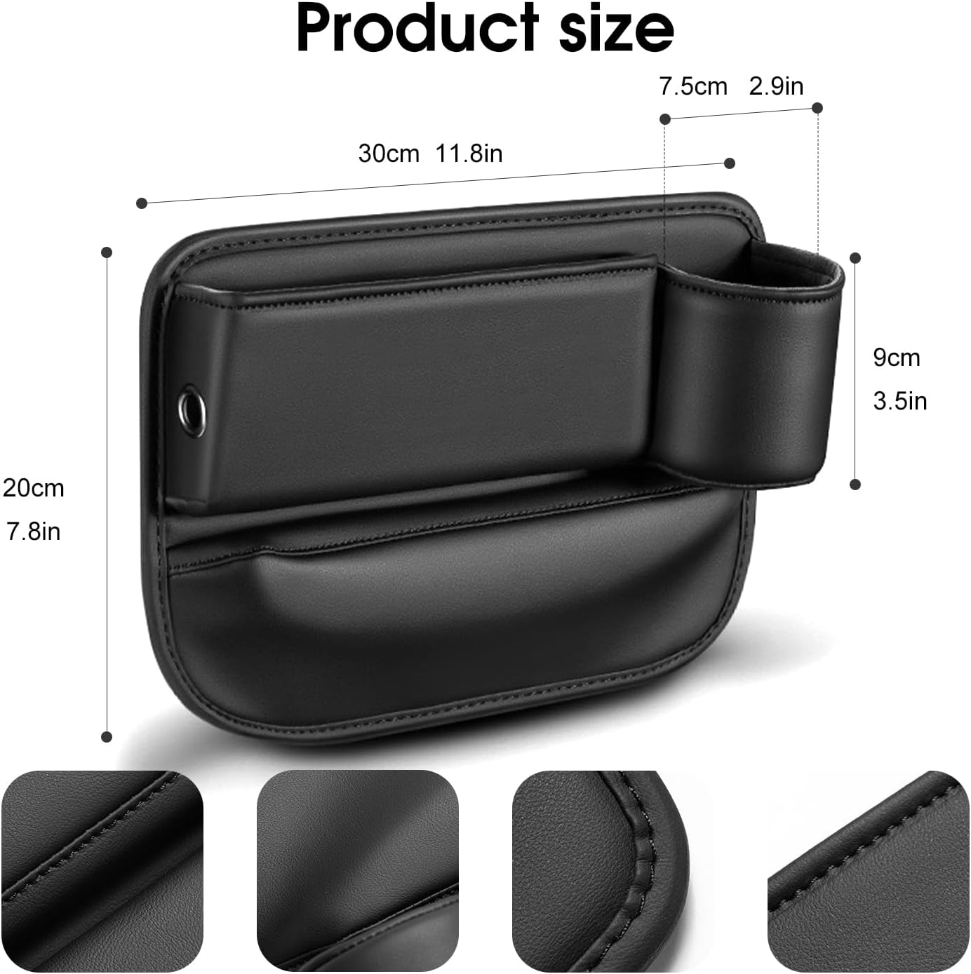 Car Seat Organizer with Cup Holder - Storage Compartment Between Seats - Seat Filler - PU Leather - Black - Set of 1.