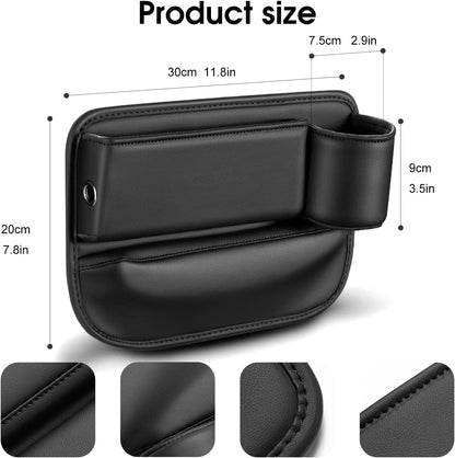 Car Seat Organizer with Cup Holder - Storage Compartment Between Seats - Seat Filler - PU Leather - Black - Set of 1.