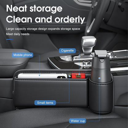 Car Seat Organizer with Cup Holder - Storage Compartment Between Seats - Seat Filler - PU Leather - Black - Set of 1.