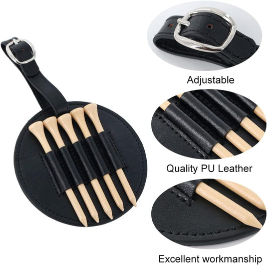 Leather Golf Tee Holder with 5 Wooden Tees 3-1/4 Inch Hook for Golf Bag Strap Hanging