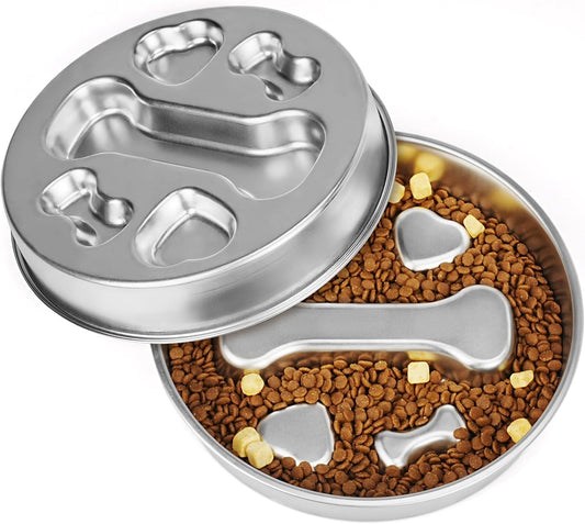 2-in-1 Stainless Steel Dog Slow Feeder & Lick Mat Set of 2 - Dishwasher Safe - Anti-Skid Design for Pet Feeding.