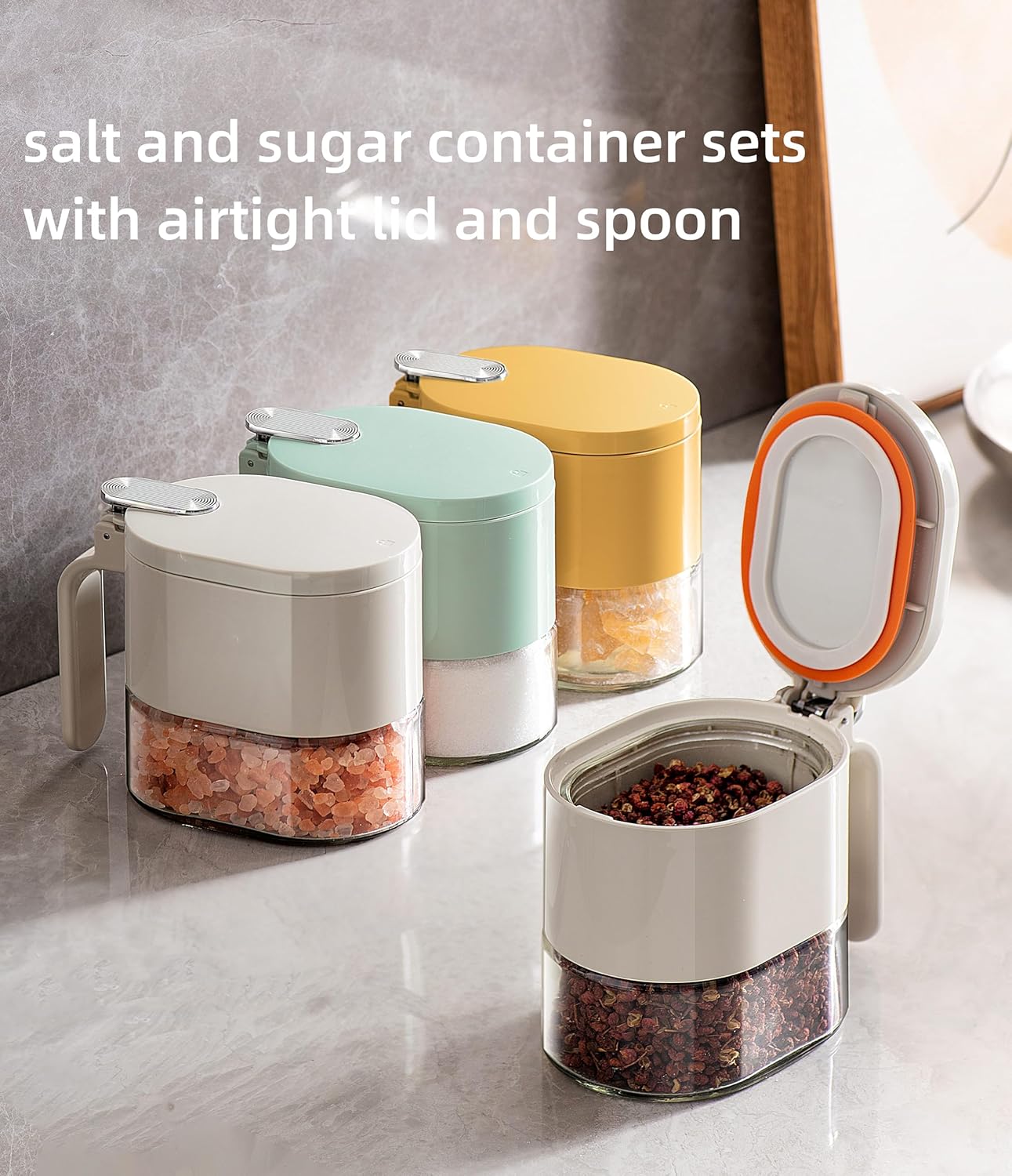 2 Piece Stylish Airtight Herb Jars with Spoon in Lid for Sugar & Salt