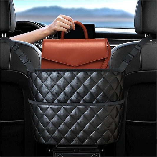Car Seat Back Organizer with Storage Pockets - Black Vehicle Interior Accessory.