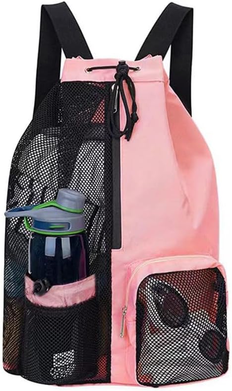 Large Mesh Gym Bag with Waterproof Compartment - Beach & Festival Backpack with Wet/Dry Separation. Hover Image