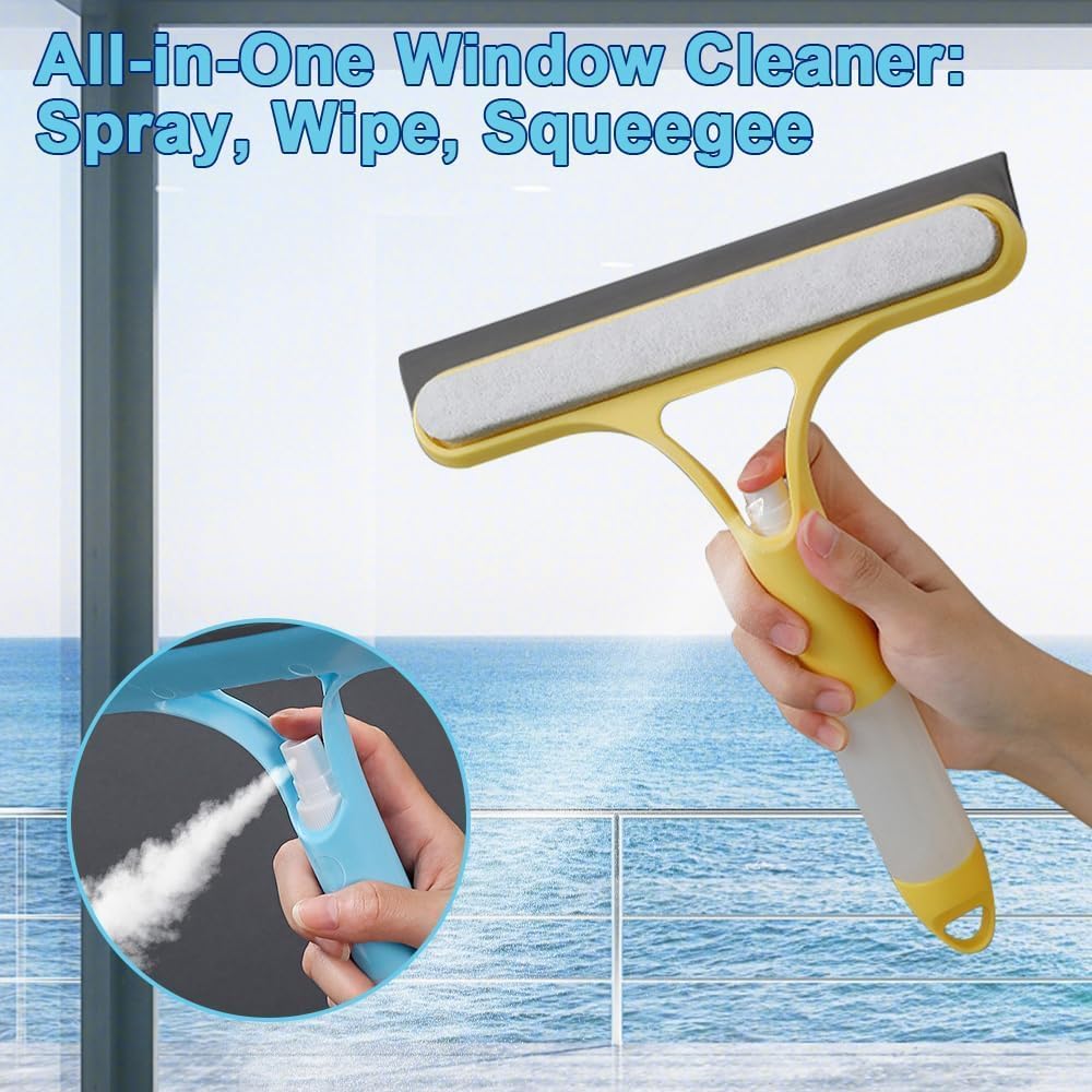3-in-1 Window Wiper with Spray - Squeegee, Washer & Microfiber Cleaner for Streak-Free Windows, Showers & Cars - Set of 1.