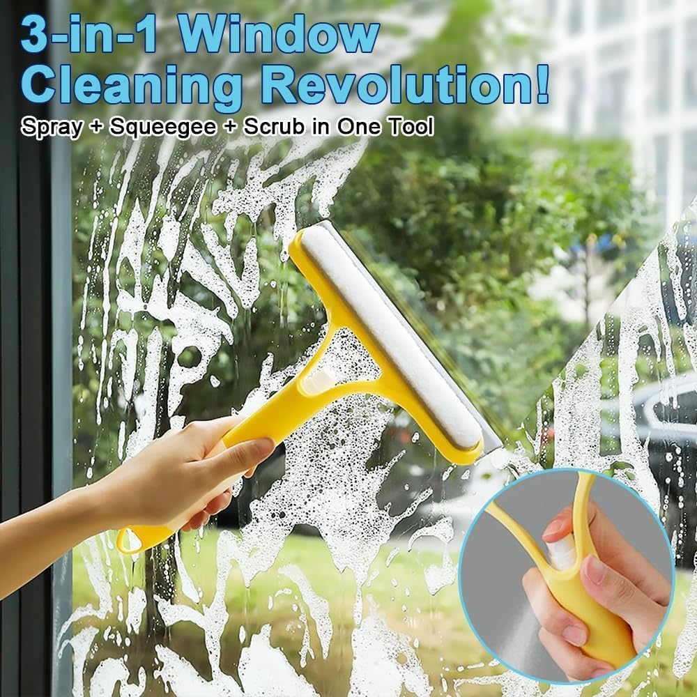 3-in-1 Window Wiper with Spray - Squeegee, Washer & Microfiber Cleaner for Streak-Free Windows, Showers & Cars - Set of 1.