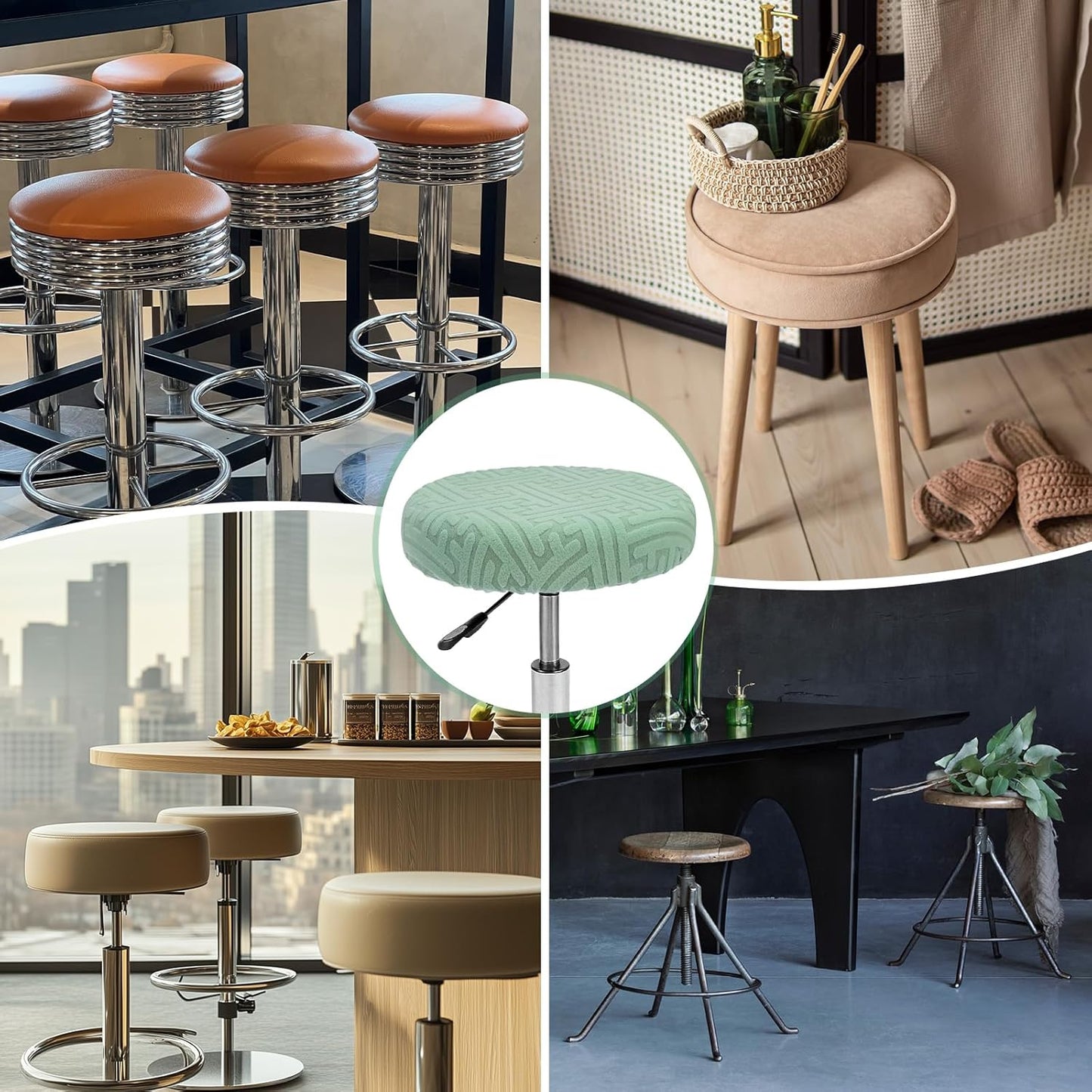 Elastic Chair Cover Round 30-36cm Mint Green Washable Stretchable Stool Cover