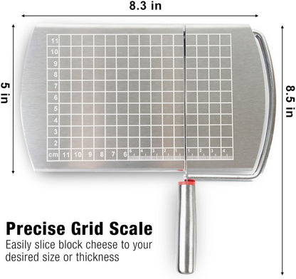Stainless Steel Cheese Slicer with Cutting Wire and Measurement Markings for Precise Slices & Cubes - Ideal for Charcuterie Boards - Set of 1
