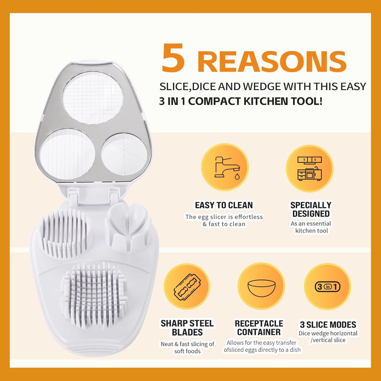 3-in-1 Egg Slicer - Perfect Slices & Chunks - Multifunctional Cutter for Eggs Soft Fruits and Vegetables