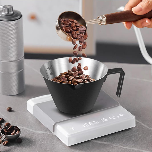 Stainless Steel Double Wall Espresso Cup with Handle 100ml Weighable Coffee Beans Measuring Cup.