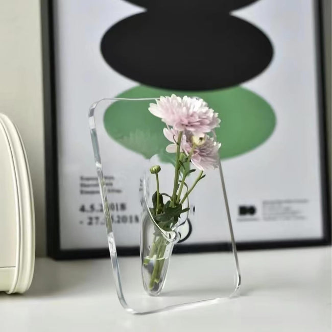 Clear Acrylic Photo Frame Vase - Modern Style Decorative Vase for Office Bookshelf Bedroom Living Room - Unique Home Decor Piece. Hover Image