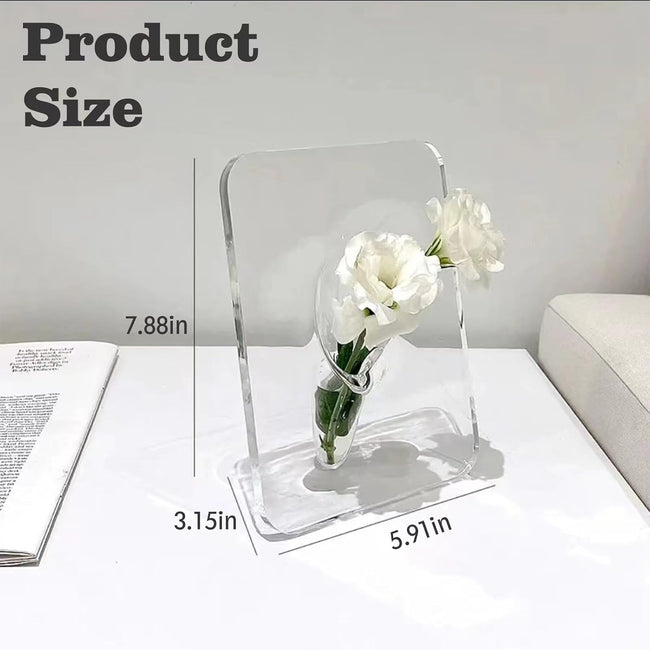 Clear Acrylic Photo Frame Vase - Modern Style Decorative Vase for Office Bookshelf Bedroom Living Room - Unique Home Decor Piece Main Image