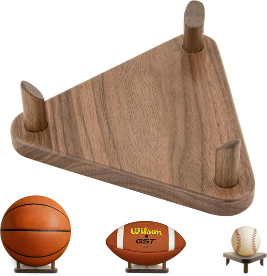 Premium Wooden Ball Display Stand Solid Walnut Wood Basketball Rugby Football Holder Triangular Autograph Sports Souvenir Display.