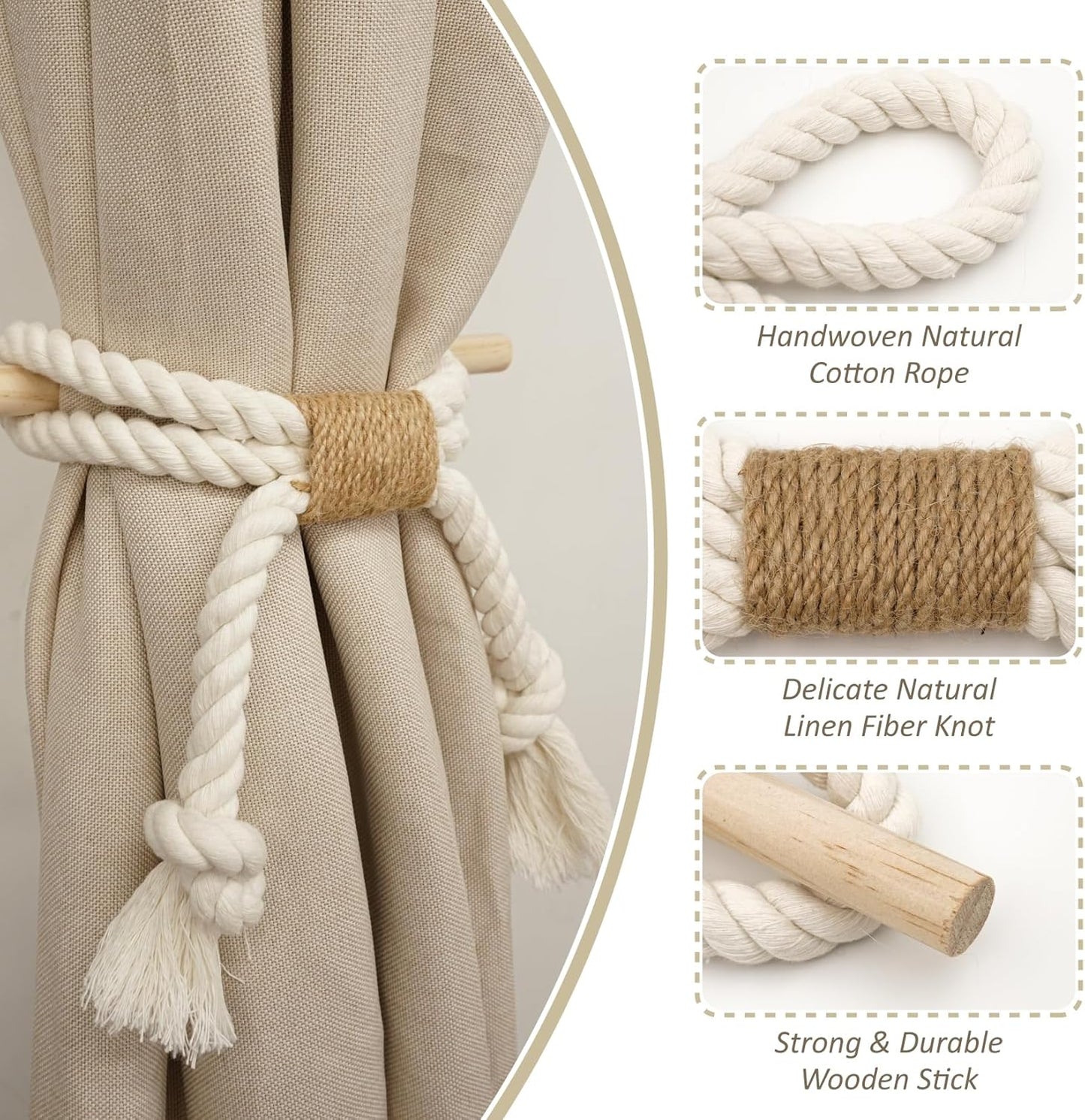 2 Pack White Curtain Tiebacks with Pine Wood Rod Holder Natural Cotton Linen Rope No Drilling Easy Installation for Rustic Style Homes
