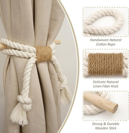 2 Pack White Curtain Tiebacks with Pine Wood Rod Holder Natural Cotton Linen Rope No Drilling Easy Installation for Rustic Style Homes
