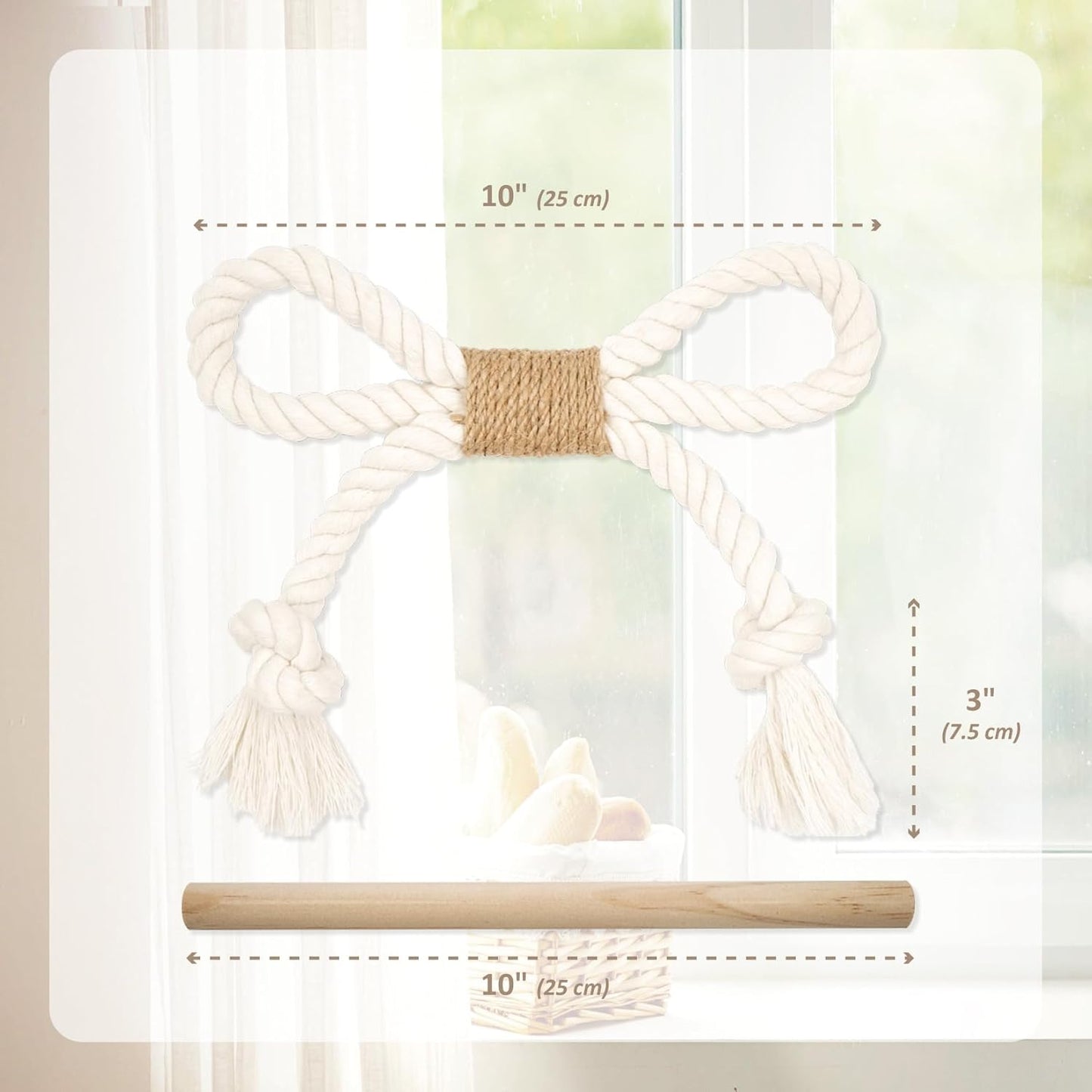 2 Pack White Curtain Tiebacks with Pine Wood Rod Holder Natural Cotton Linen Rope No Drilling Easy Installation for Rustic Style Homes