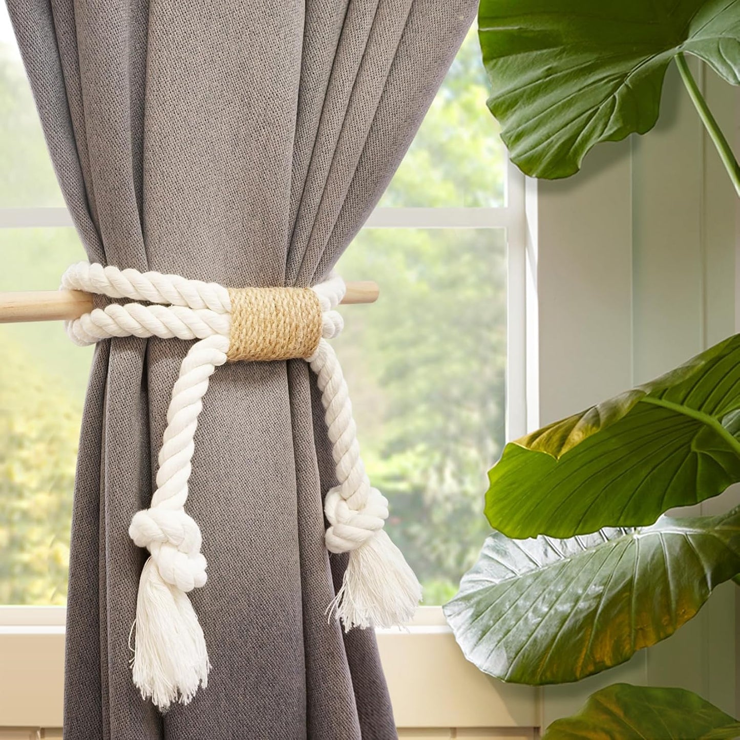 2 Pack White Curtain Tiebacks with Pine Wood Rod Holder Natural Cotton Linen Rope No Drilling Easy Installation for Rustic Style Homes