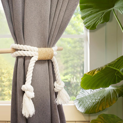 2 Pack White Curtain Tiebacks with Pine Wood Rod Holder Natural Cotton Linen Rope No Drilling Easy Installation for Rustic Style Homes