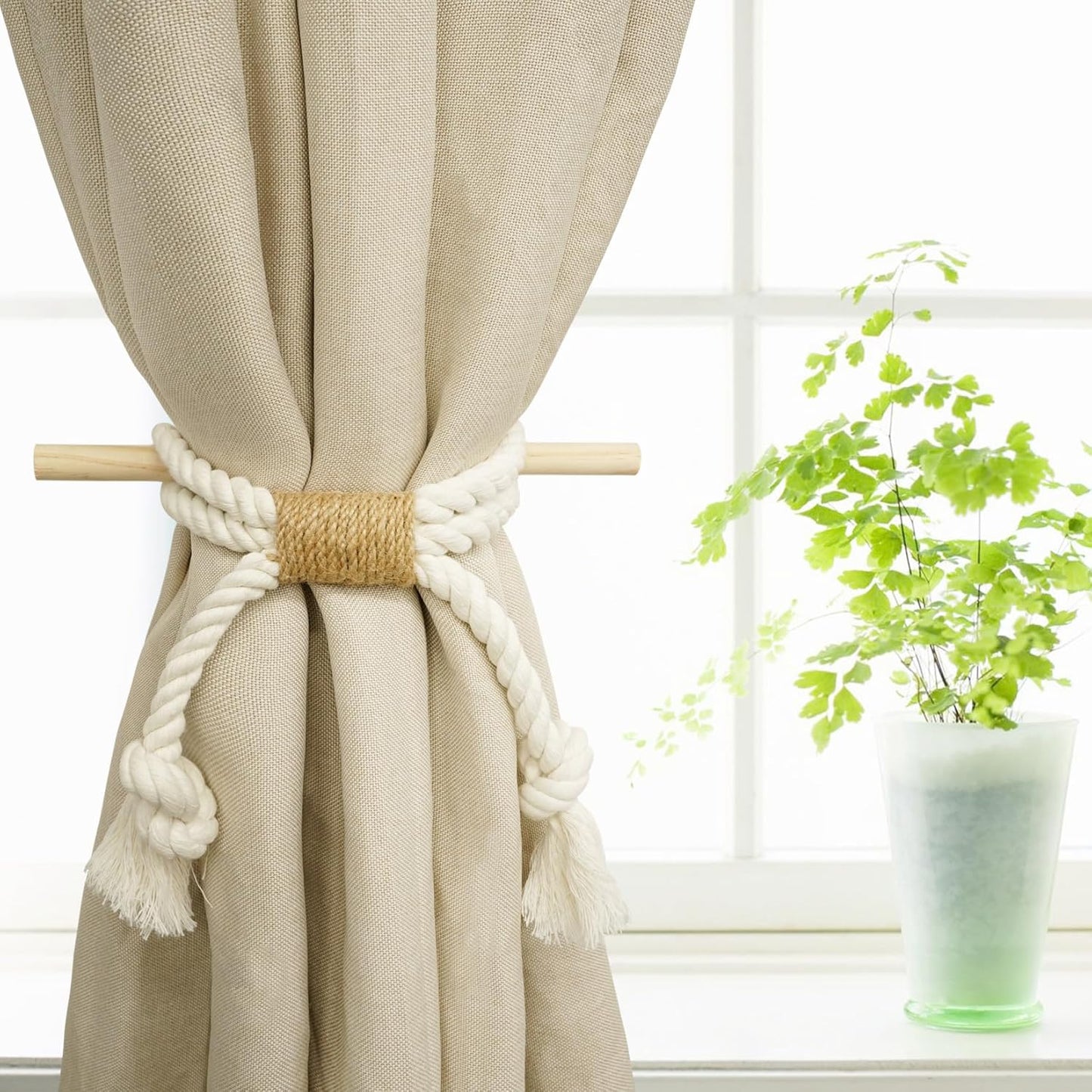 2 Pack White Curtain Tiebacks with Pine Wood Rod Holder Natural Cotton Linen Rope No Drilling Easy Installation for Rustic Style Homes