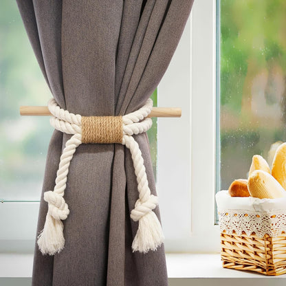 2 Pack White Curtain Tiebacks with Pine Wood Rod Holder Natural Cotton Linen Rope No Drilling Easy Installation for Rustic Style Homes