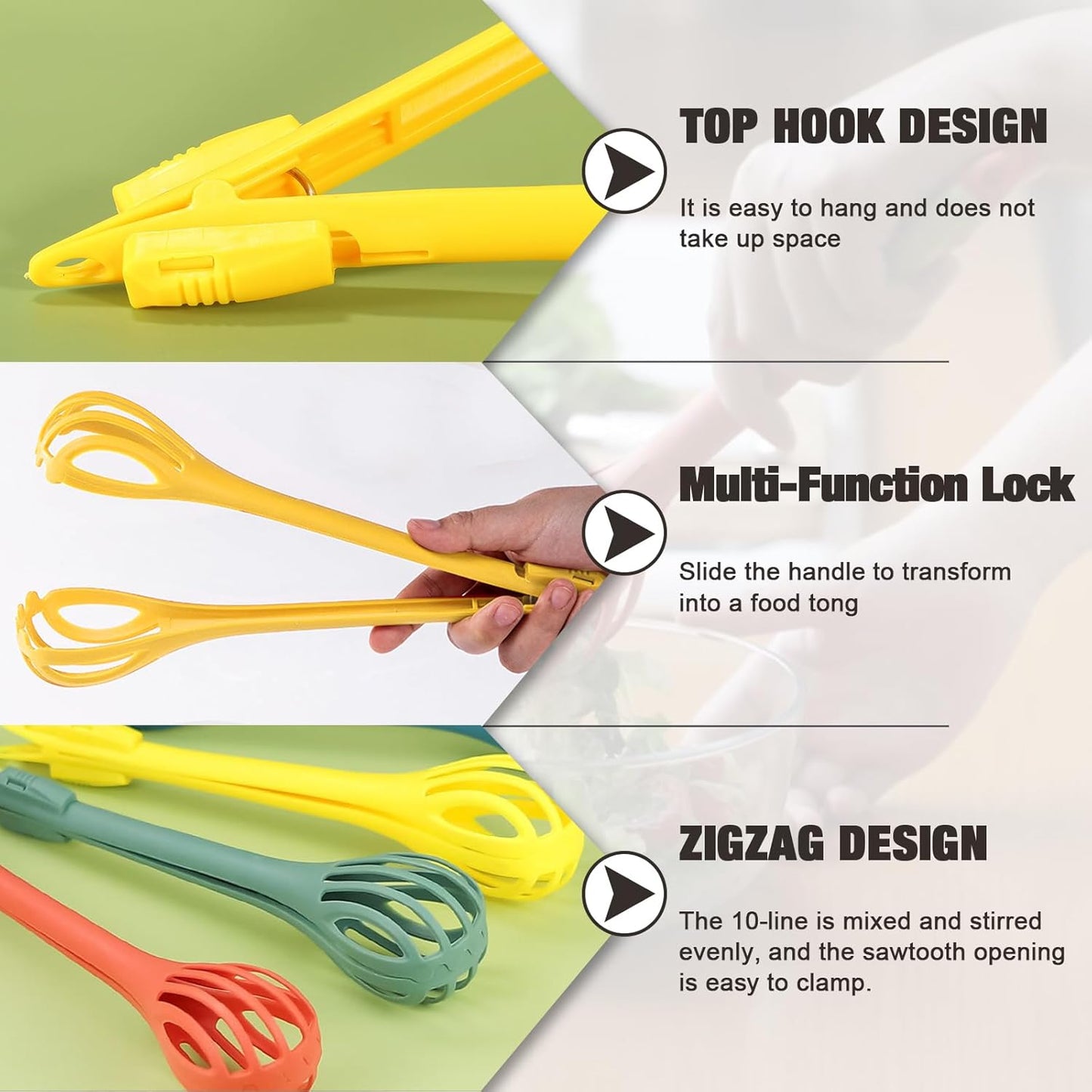 3-Piece Handheld Egg Beater Set 2-in-1 Food Tongs Mixer Salad Mixing Kitchen Tools for Cooking Baking