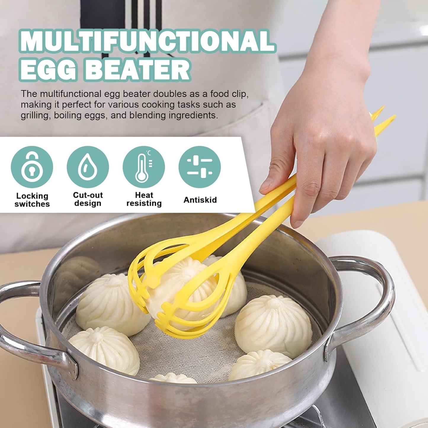 3-Piece Handheld Egg Beater Set 2-in-1 Food Tongs Mixer Salad Mixing Kitchen Tools for Cooking Baking
