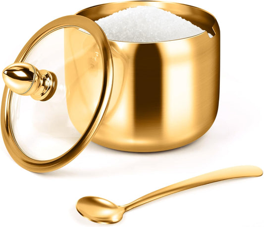 Gold Sugar Bowls with Glass Lids and Spoons 10 oz Set for Coffee Bar Kitchen Storage of Salt Candy Coffee Beans.