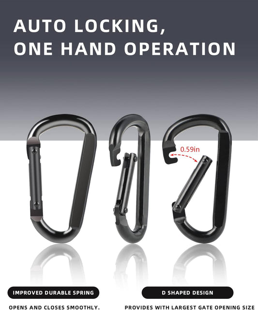 2 Pack Aluminum Black D-Shaped Carabiner 8cm - Camping Outdoor Keychain Clip for Backpack Keys.