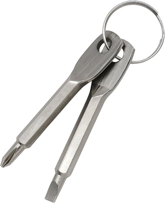 2-in-1 Keychain Screwdriver - Mini Double-Ended Flat & Cross Head - Stainless Steel - Pocket-Sized Tool - Silver.