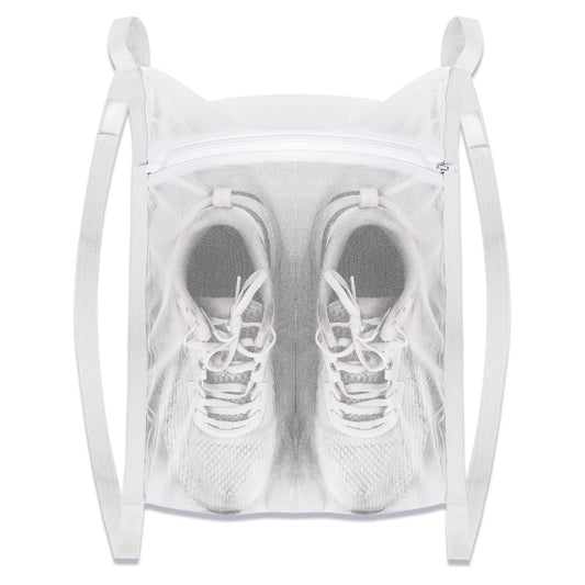 White Sports Shoe Washing and Drying Mesh Bag with Zipper and Straps - Durable Honeycomb Net Bag for Shoes Clothing Laundry - Reusable.