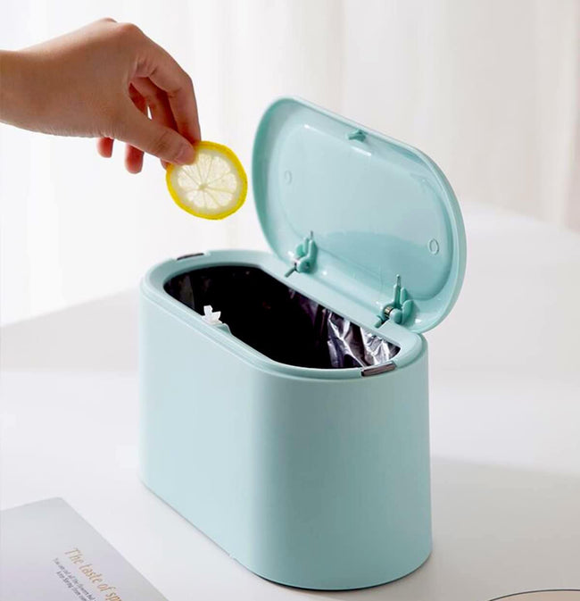 Mini Waste Bin with Lid - Blue - Small Plastic Trash Can for Bathroom Desk Kitchen Office - Removable Compact Rubbish Bin for Countertop Vanity Tabletop. Hover Image