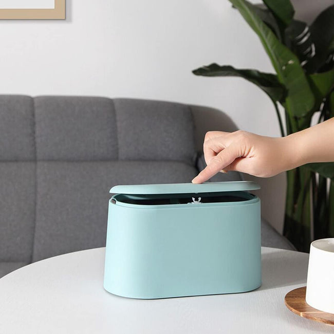 Mini Waste Bin with Lid - Blue - Small Plastic Trash Can for Bathroom Desk Kitchen Office - Removable Compact Rubbish Bin for Countertop Vanity Tabletop Main Image