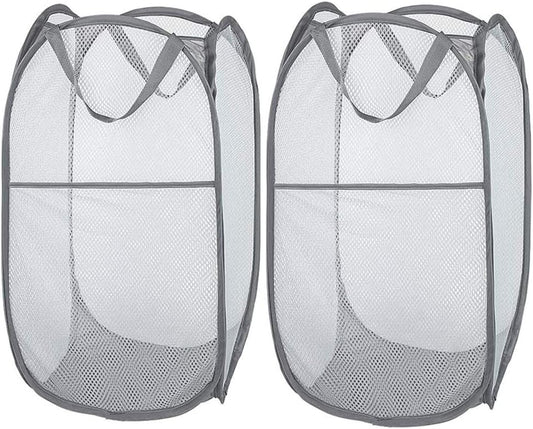 2 Pack Foldable Mesh Laundry Baskets with Reinforced Handles Grey Portable for Home Travel Student Use.