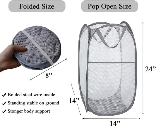 2 Pack Foldable Mesh Laundry Baskets with Reinforced Handles Grey Portable for Home Travel Student Use.