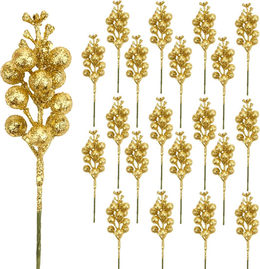 20 Gold Glitter Berry Ornaments Christmas Tree Decorations Artificial Xmas Tree Filler DIY Wreath Festive Home Decor.