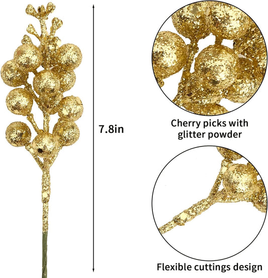 20 Gold Glitter Berry Ornaments Christmas Tree Decorations Artificial Xmas Tree Filler DIY Wreath Festive Home Decor.
