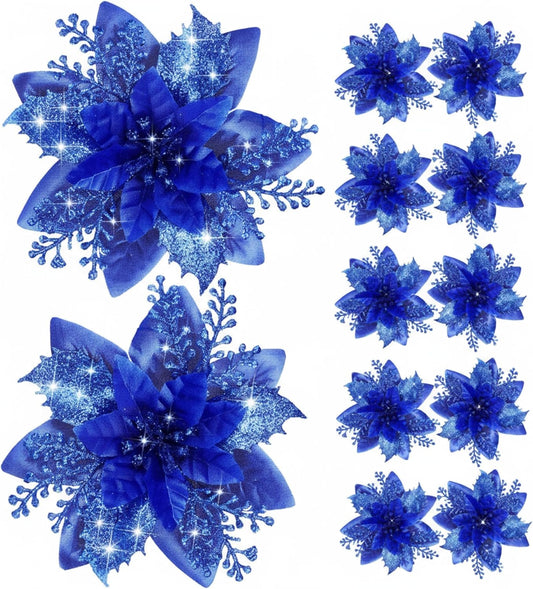 12 Piece Royal Blue Christmas Decorations Set with Glitter Artificial Flowers Clips for Tree Wreaths Home Festive Ornaments.