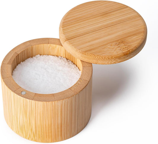Bamboo Salt Grinder with Magnetic Rotating Lid Round Salt Container for Storing Salt Pepper Sugar and Spices 1 Piece.