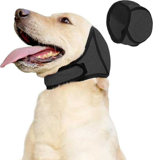 Dog Ear Covers Grey L-Shaped Soundproof No Cap Elastic Waterproof for Hematomas Bathing Drying Swimming Grooming Head Coverage.