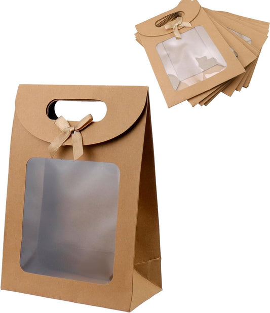 Brown Kraft Paper Gift Bags with Window and Handles 12 Pack Stand Up for Candy Cookies Weddings Parties.