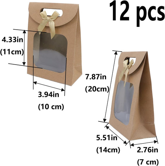 Brown Kraft Paper Gift Bags with Window and Handles 12 Pack Stand Up for Candy Cookies Weddings Parties.