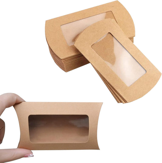 40 Pack Brown Kraft Paper Pillow Boxes with Clear Window for Cookies Candy Chocolate Jewelry Weddings Party Favors Gift Packaging.